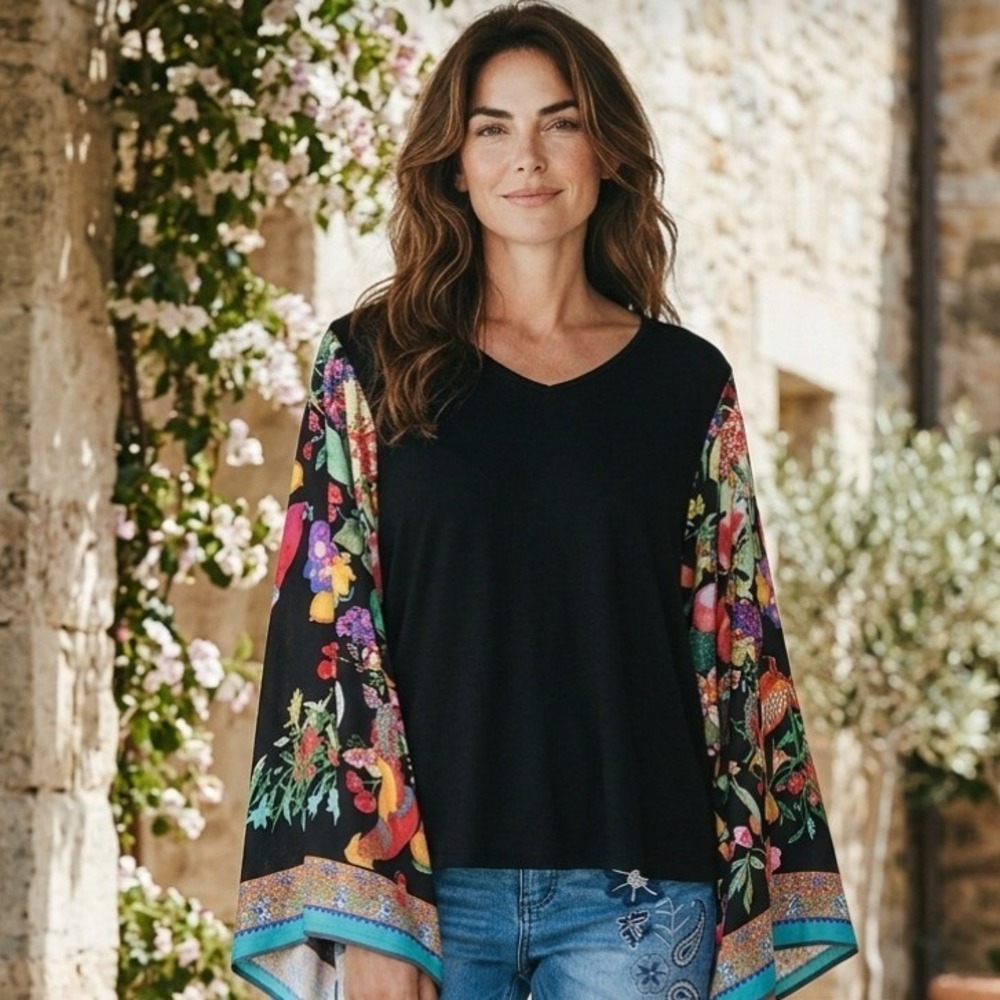 Desigual Exaggerated Colorful Bird Sleeves Womens size XL Stretchy Statement Top - Picture 3 of 16